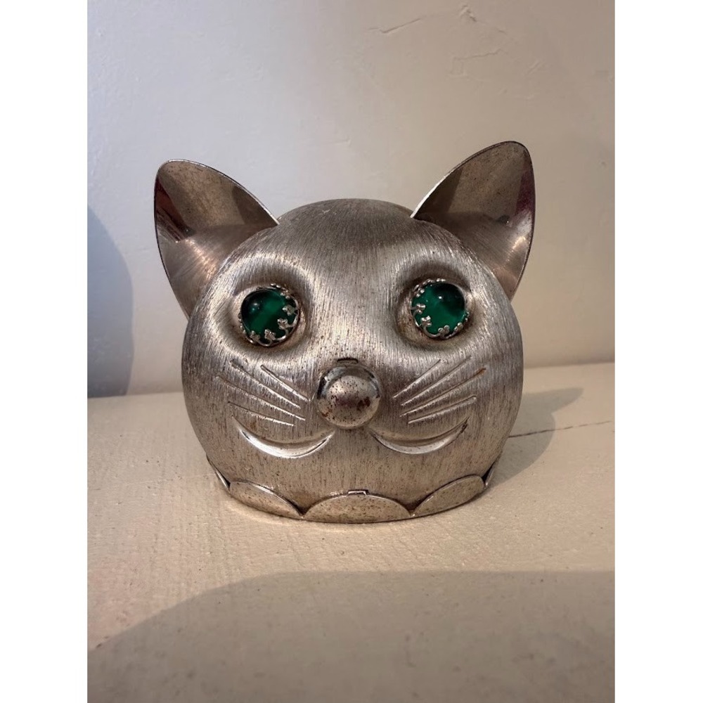 VTG MCM 1950s Metal Cat Coin Bank Cabochon Green Eyes by Napier Kitschy Decor